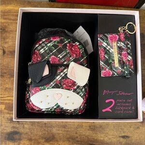 Betsey Johnson Black Floral Plaid Mini Backpack & Card Case Set
